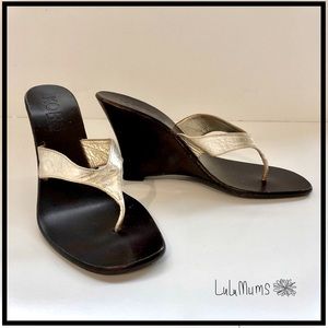 Michael Kors Pool Heels Wedge Soft Metallic Gold Leather Thong Sandal